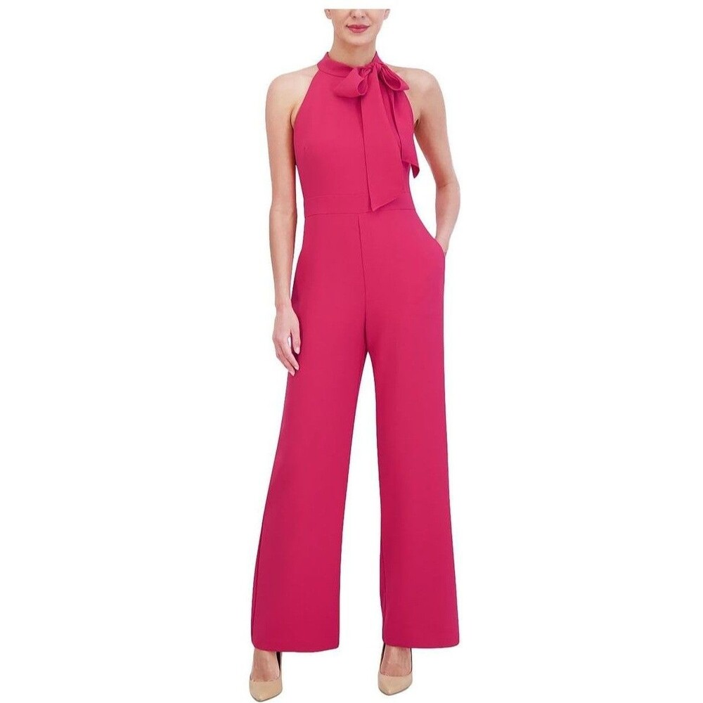 Vince Camuto Womens 12 Hot Pink Halter Bow Neck Crepe Jumpsuit NWT CR34